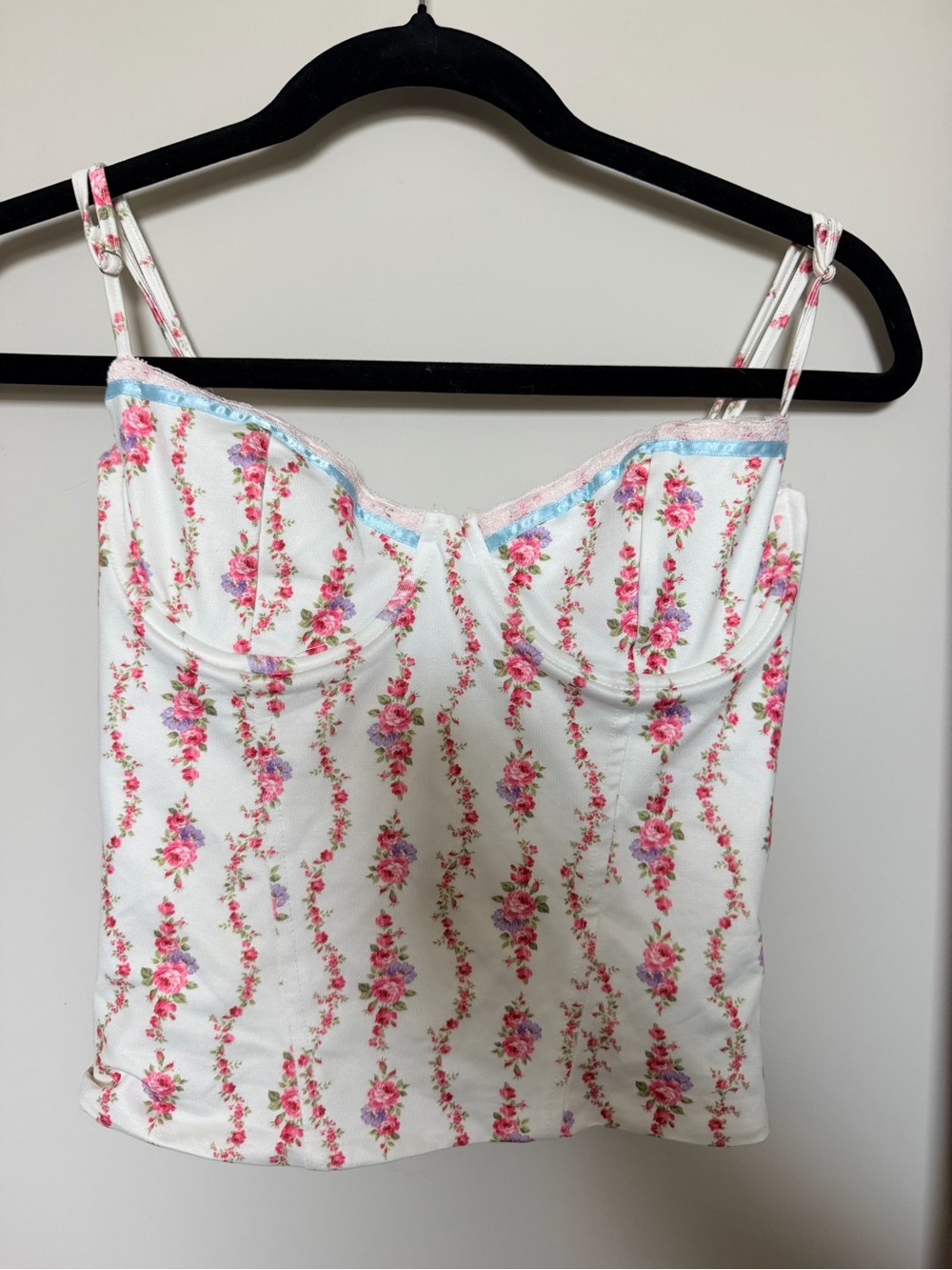 Edikted White Floral Lace-Trim Cami with Pink Rose Stripes